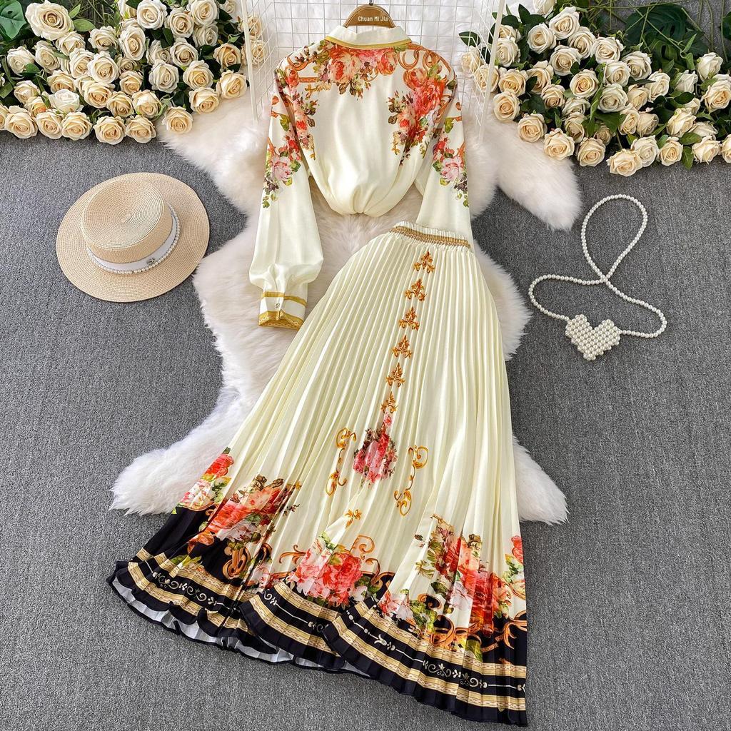 European Retro Single-Breasted Lapel Shirt & High-Waisted Pleated Skirt Set