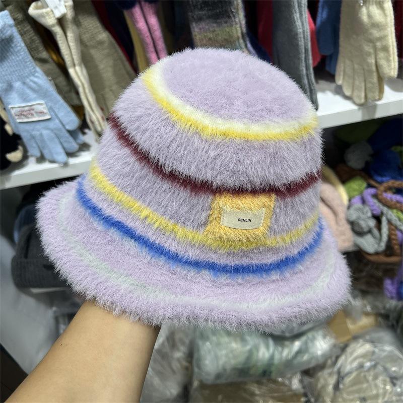 

Осенне-зимняя вязаная шляпа-ведро с широкими полями из искусственного меха норки в полоску для мужчин и женщин, теплая шляпа-панама в свежем студенческом стиле M（56-58cm）