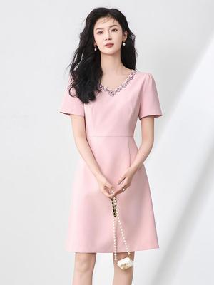 V-Neck Rhinestone Short Sleeve Dress - French Style, High-Quality Women's Summer Fashion