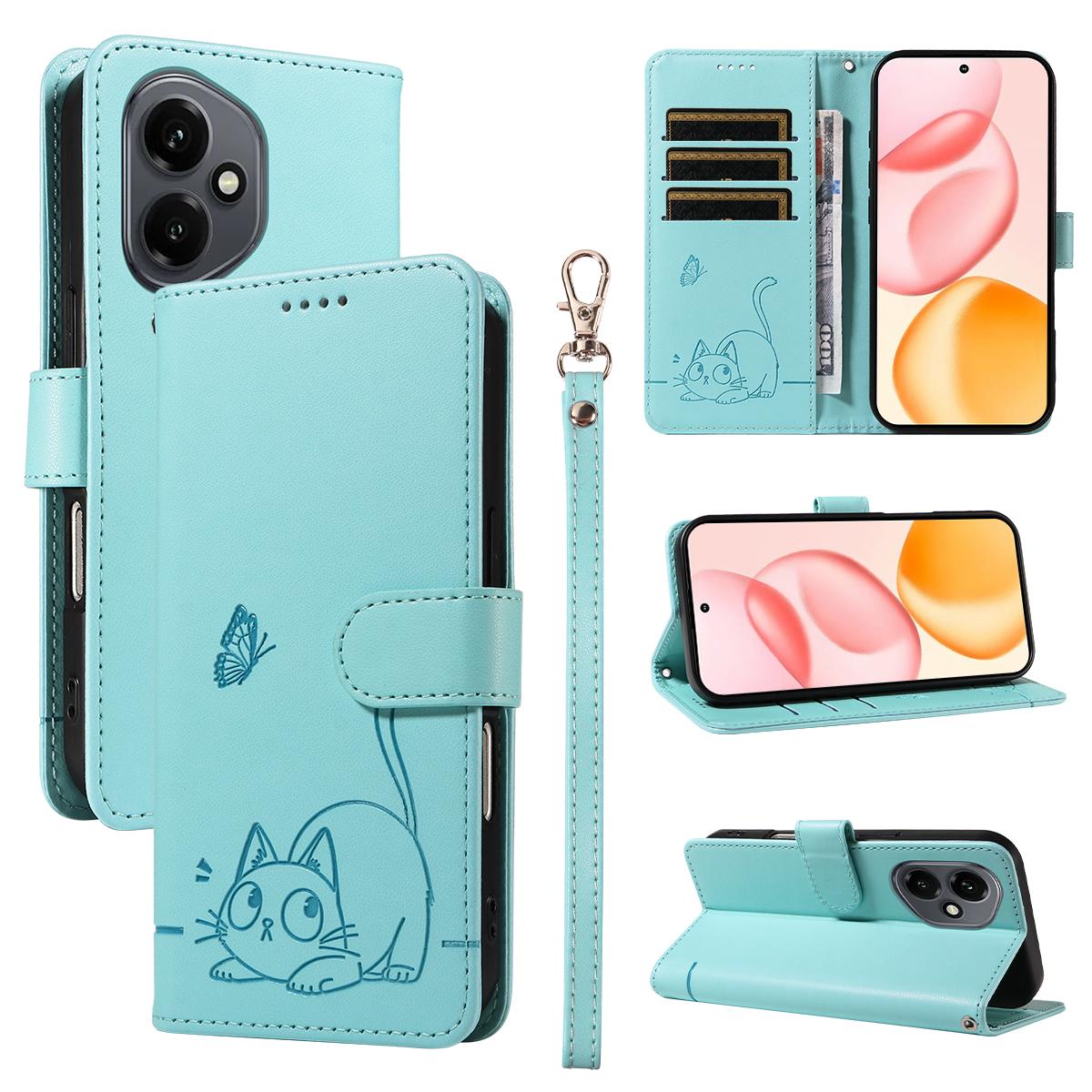 

Для Honor 400 5G (Глобальный) Чехол Кошачий узор Тиснение Кожаный Чехол для телефона с ремешком на запястье Green