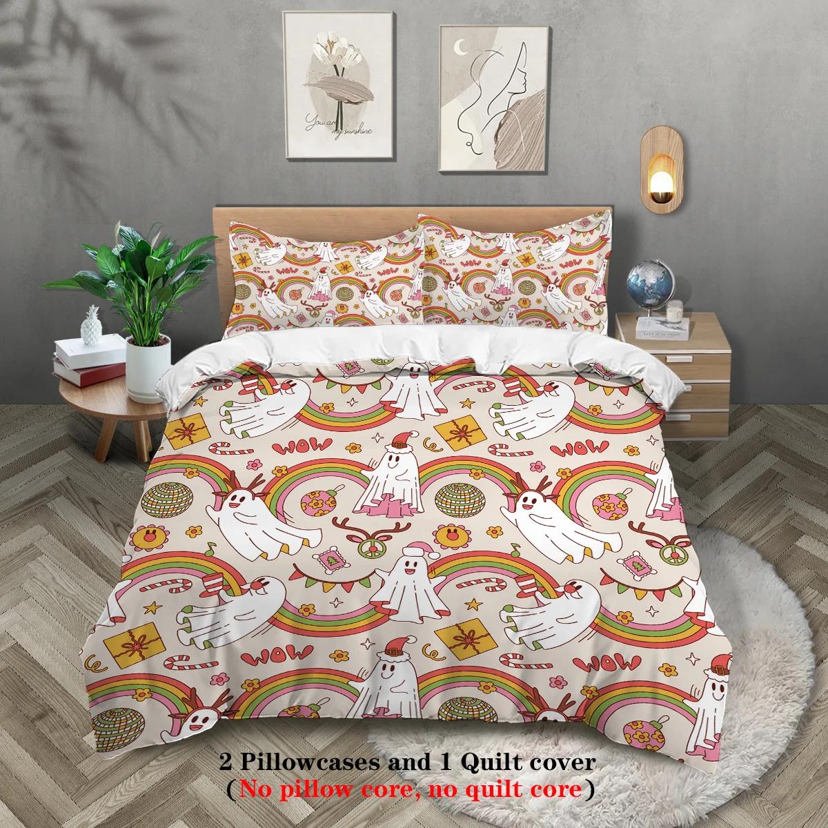 

3-piece down duvet cover with Halloween theme cute ghost pattern print (1 duvet cover+2 pillowcases no core) bedding set EU Twin(135x200cm)