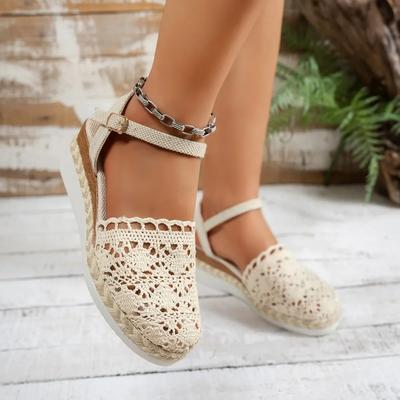 Fashion Sandal Espadrilles Under Closed Toe Esparto-ankle Bracelet with Buckle-textile Lace Detail Woman Wedge of Esparto and Platform