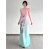 European and American Women's Clothing New Chinese Style Pink and Green Gradient Plant Series Cheongsam Dress Pure Desire Cool Temperament Long Dress