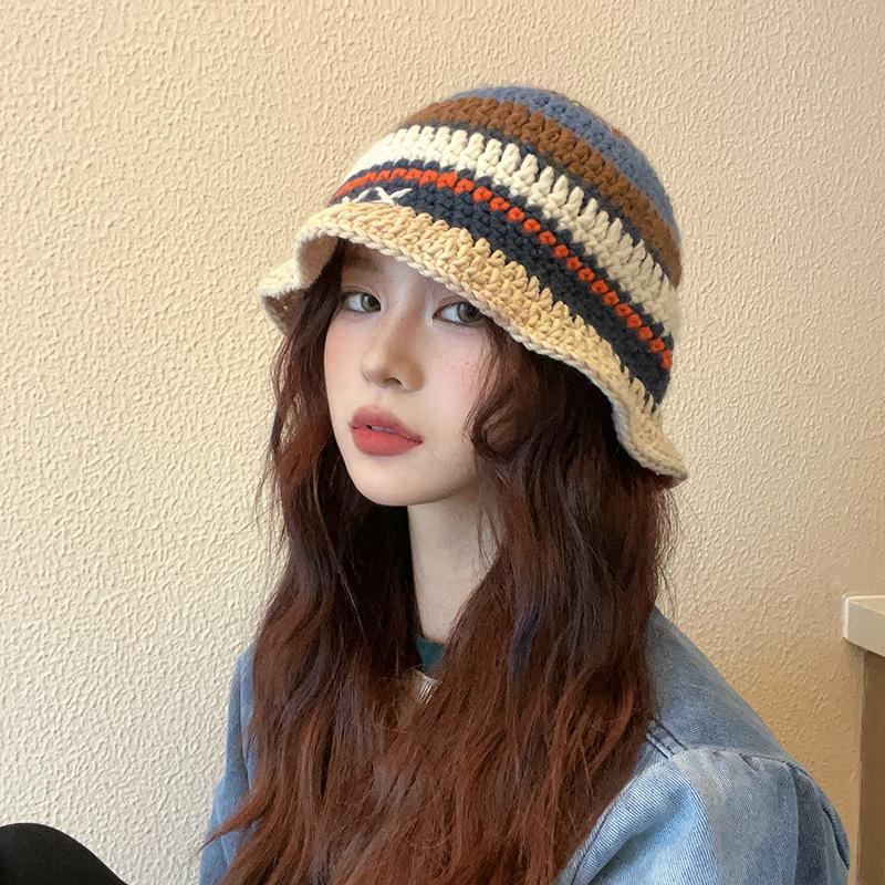 Wind wool contrasting color striped bucket hat men and women autumn and winter face small versatile knitted hat warm hat big head circumference