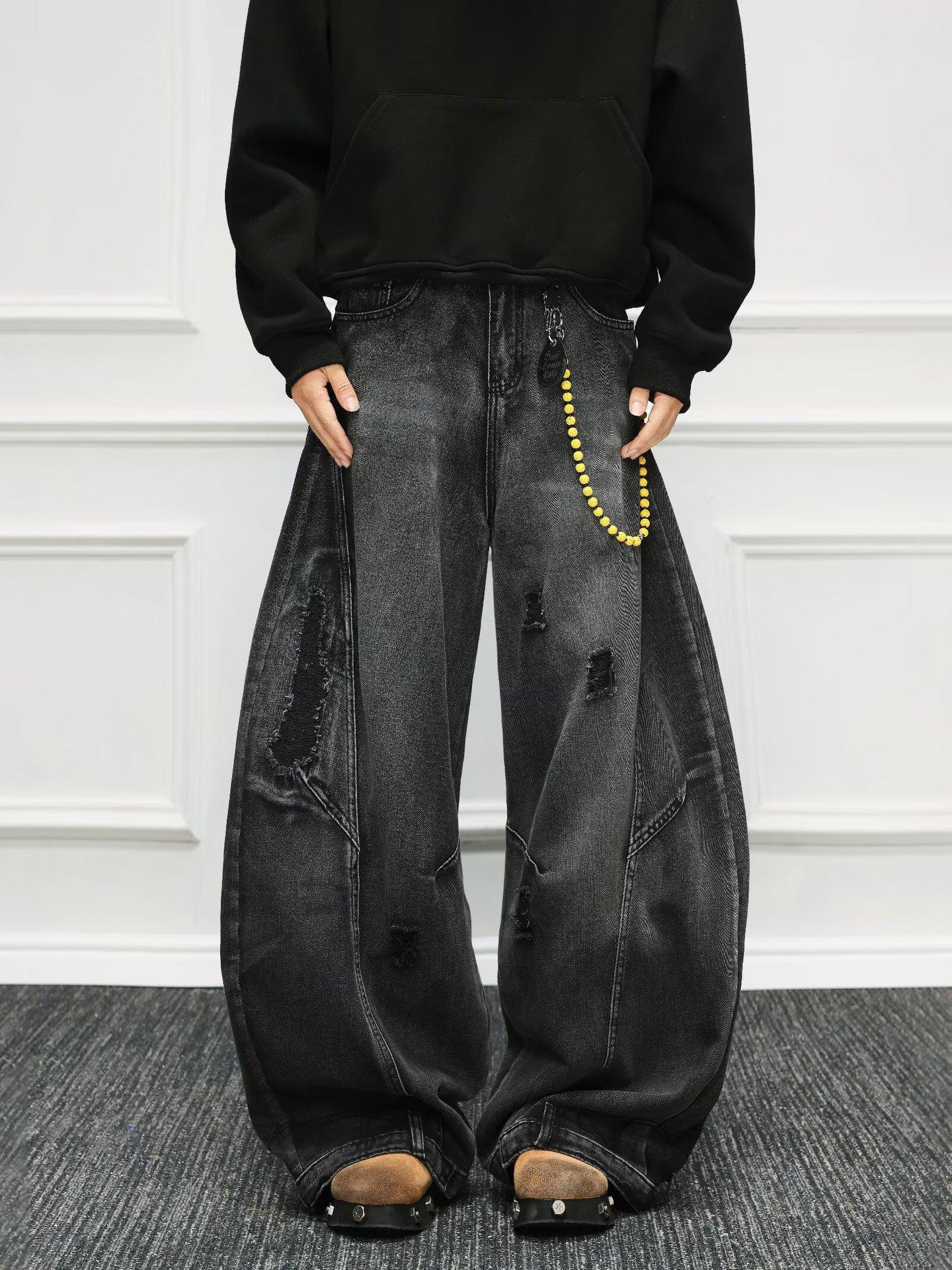Unisex Mid Rise Wide Leg Jeans Straight Leg Denim Pants Vintage Distressed Ripped Barrel Shaped Casual Trousers S