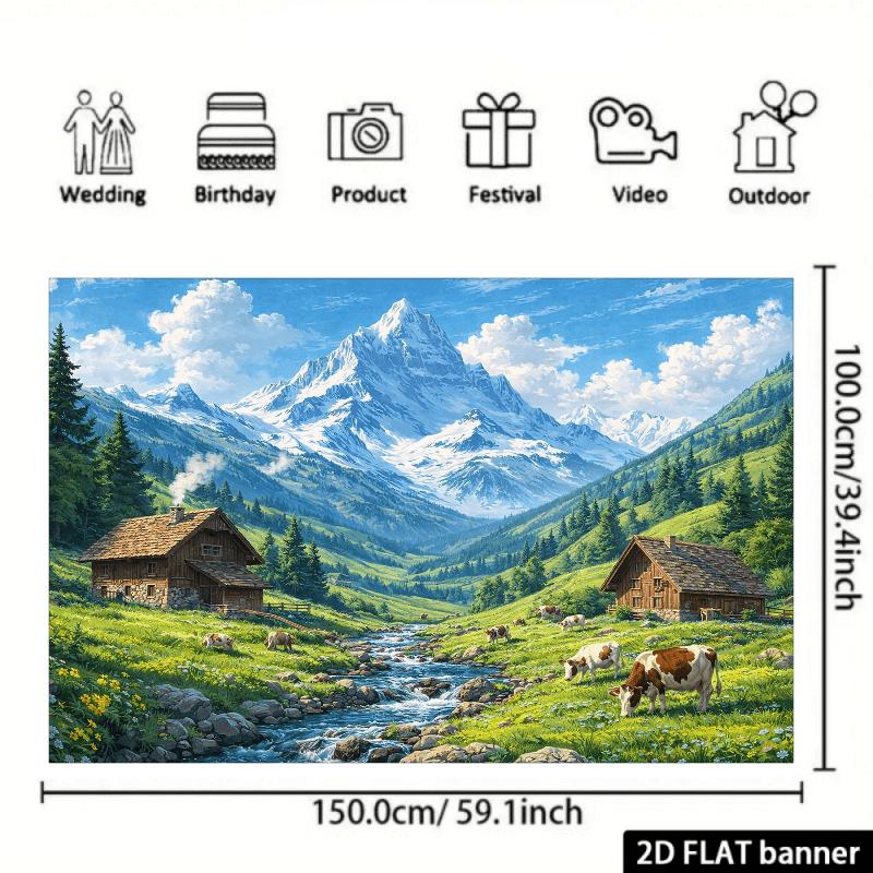 2D Plane Dolomite Mountains Church Lake Background Fabric Polyester Material Suitable for Indoor Use