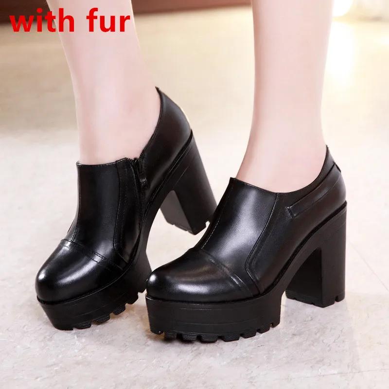 

Маленький размер 32-43 Туфли-лодочки на платформе с глубоким вырезом Женские Осенне-зимние Теплые 2025 Обувь на высоком блочном каблуке с мехом Мягкая кожа Офис Мама 40