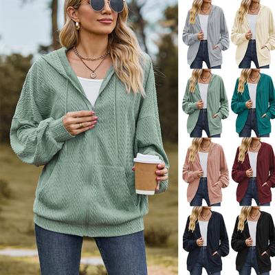 Bluza z kapturem na zamek błyskawiczny dla kobiet jesienna z długim rękawem casualowa elastyczna gładka kurtka jednolity kolor sznurkowa damski płaszcz z kieszeniami