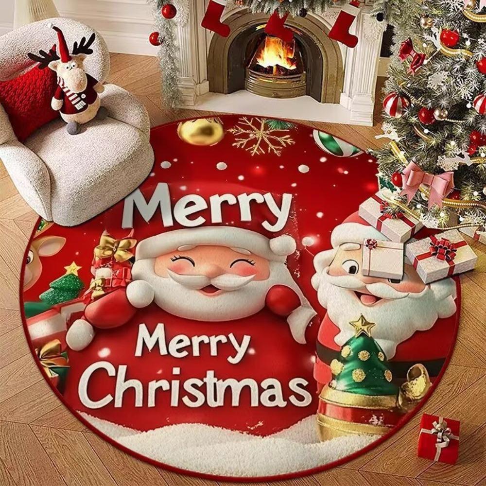 Santa Claus Polyester Christmas Round Mat Snowflake Print Snowman Cartoon Round Rug Anti-Slip Round Carpet Home Decor