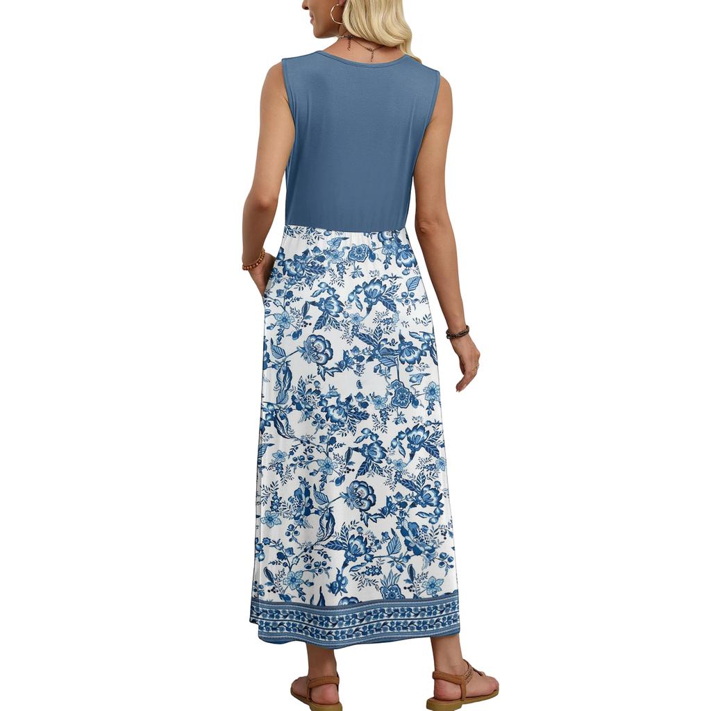 Sleeveless Round Neck Floral Print Maxi Dress Casual Loose Fit Long Dress Lightweight Summer Sundress for Women