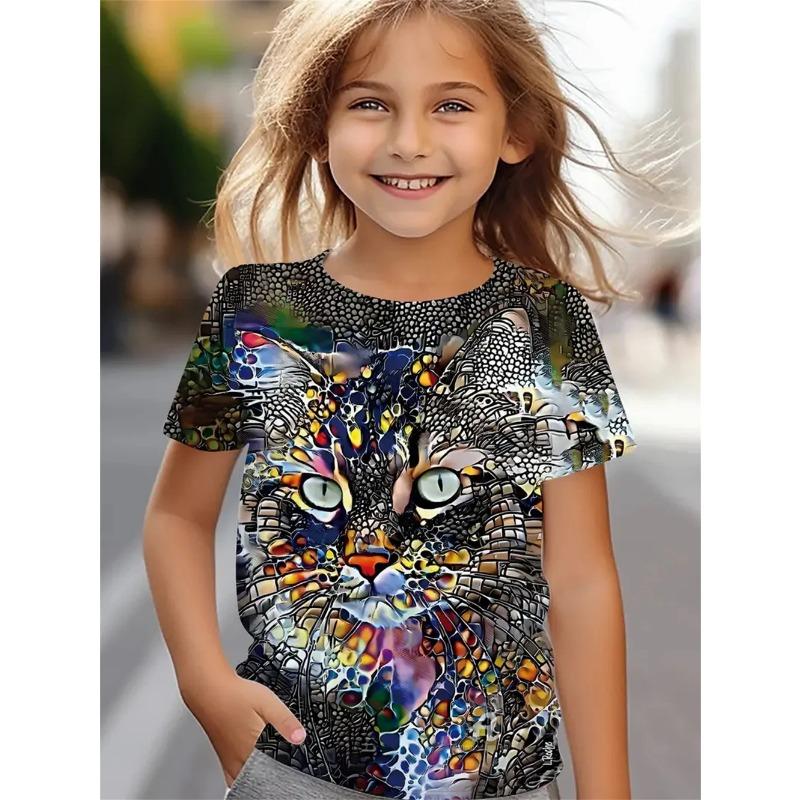 Vtipná dívčí trička Letní top s krátkým rukávem Kreslená zvířata Kočka 3D potisk Dívčí oblečení Ležérní trička