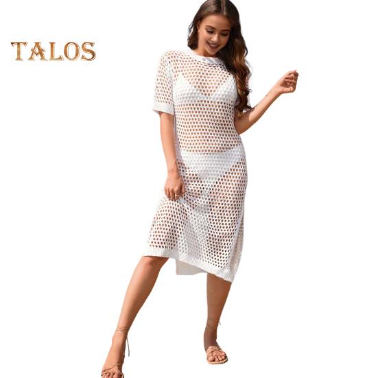 

Женское летнее платье-прикрытие с круглым вырезом и половиной рукава, сплошной цвет, полое прозрачное бикини, свободный крой, вязаный пуловер, купальник, накидка M белый