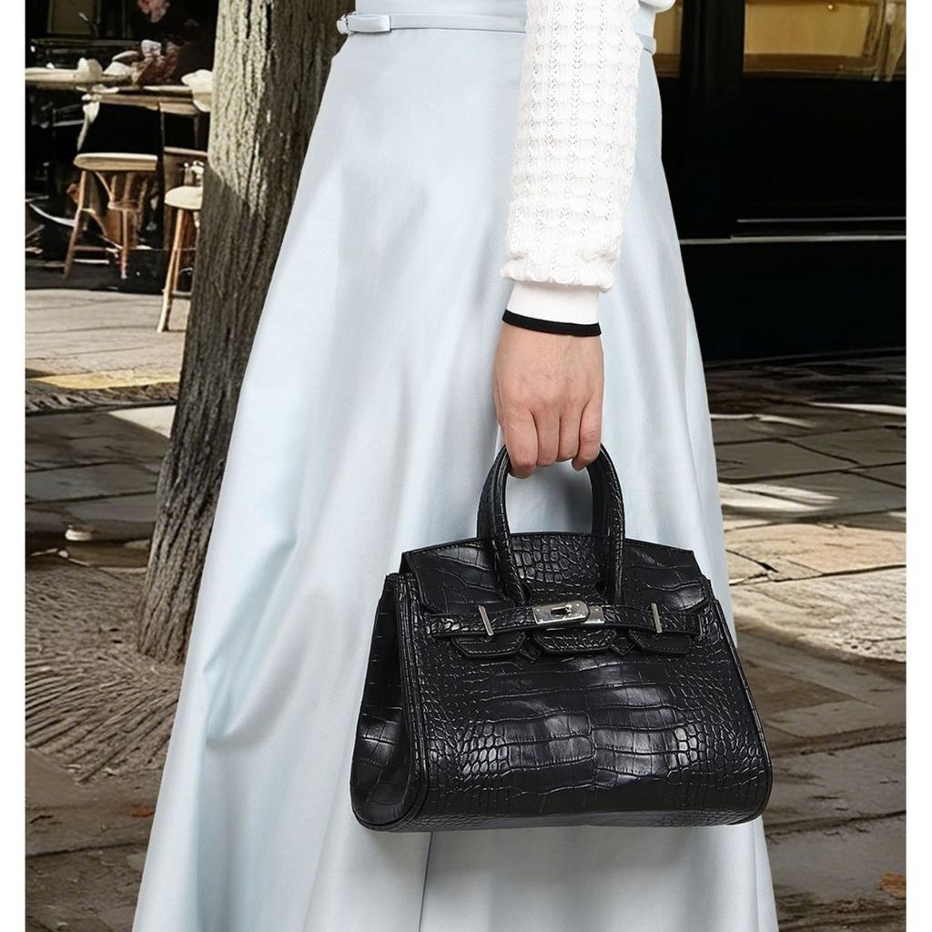 Borsa a Spalla Singola a Tracolla Kelly, Borsa Classica Platino con Texture Coccodrillo, Borsa a Mano di Lusso ad Alta Capacità
