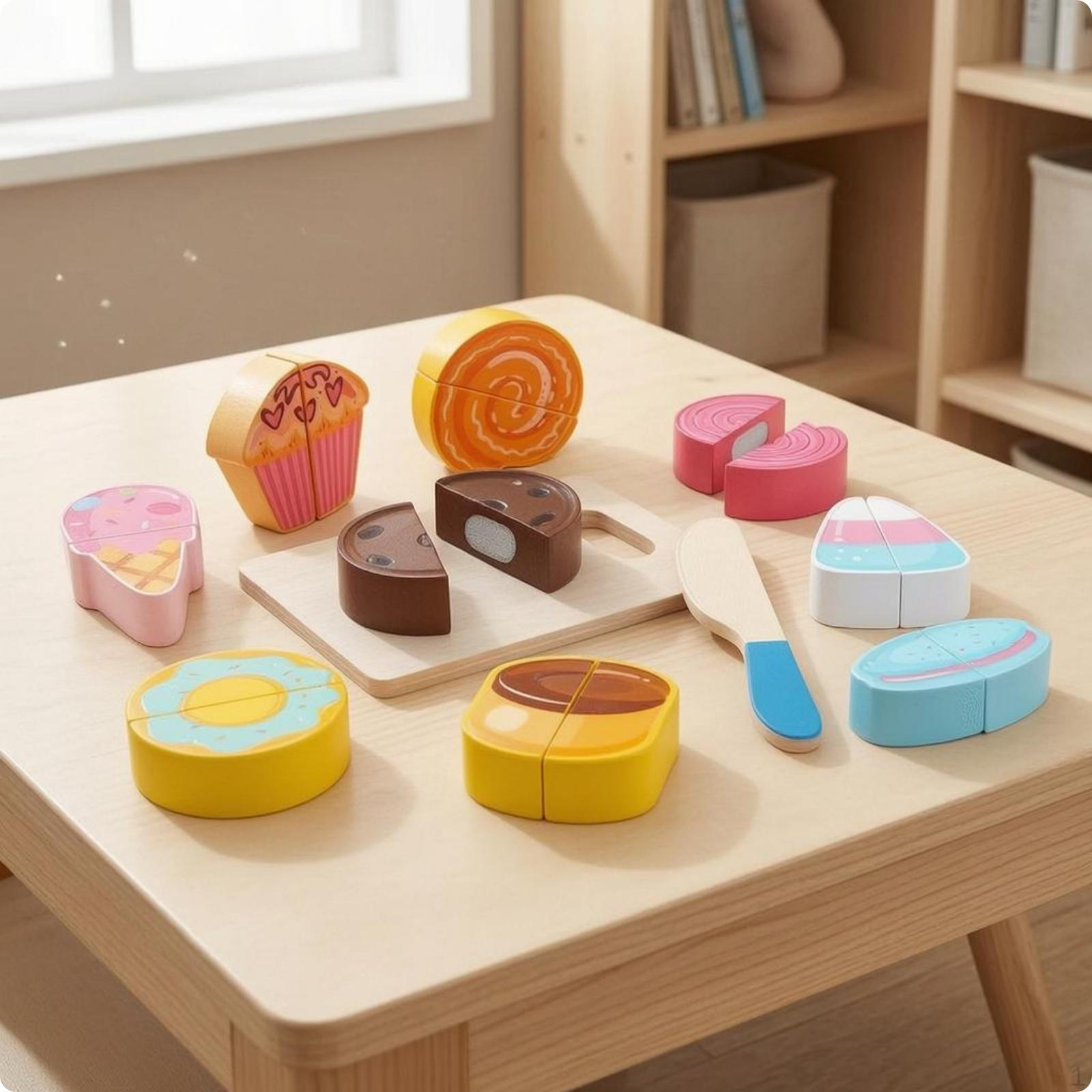 Dessert Cutting Toy Painted Wooden Printed Details Pretend Kitchen Set