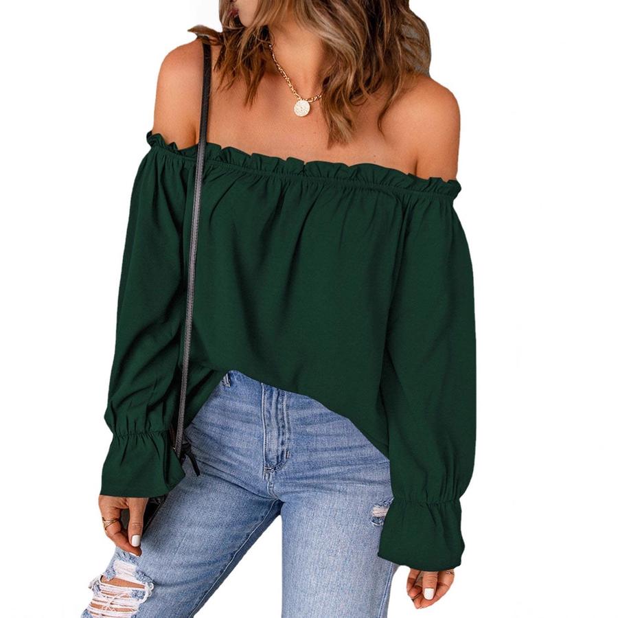 One Word Snow Silk Shirt Women Spring Autumn New Style Solid Color Crew Neck Sexy Off-Shoulder Top for Women