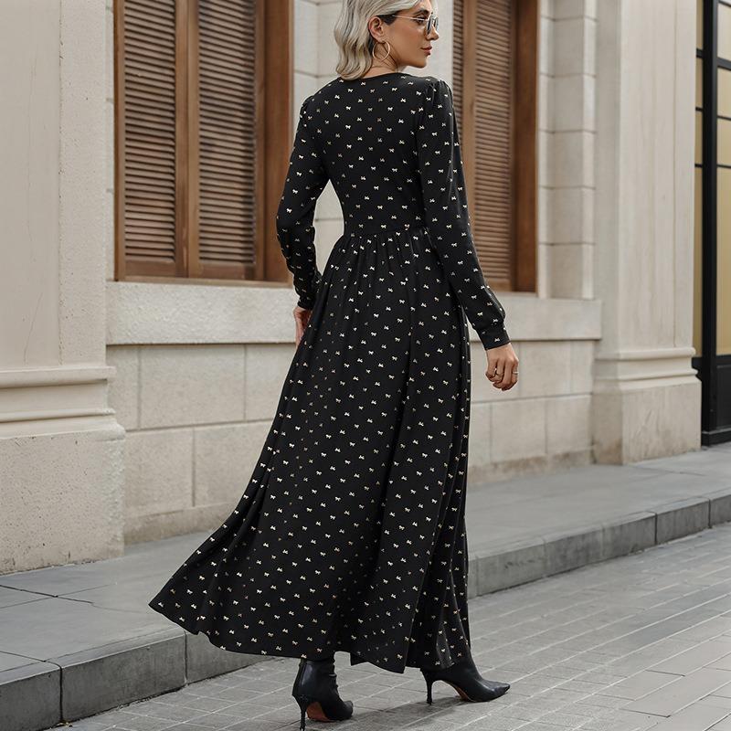 YYFS Women's Fashion Spring Fall Long Sleeve V-Neck High Waist Casual Dresses