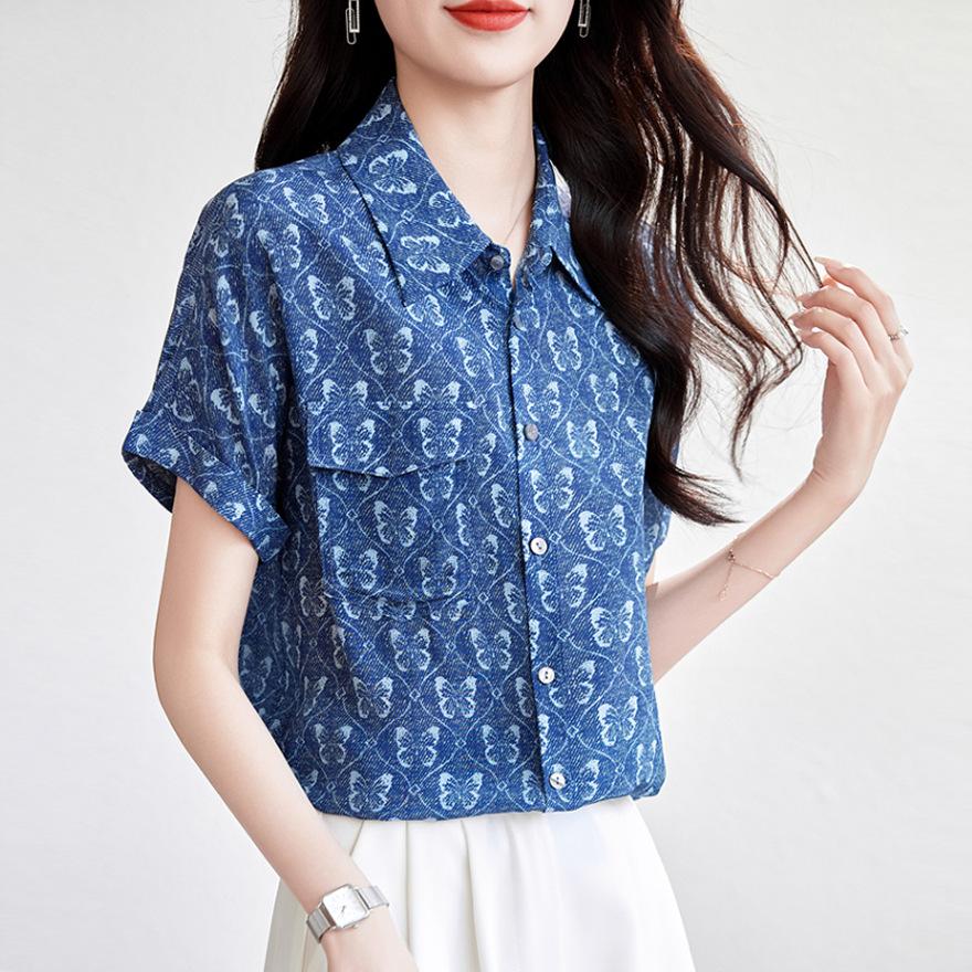 

Fashion printed silk shirt women s summer new mulberry silk temperament slim short-sleeved top M тёмно-синий