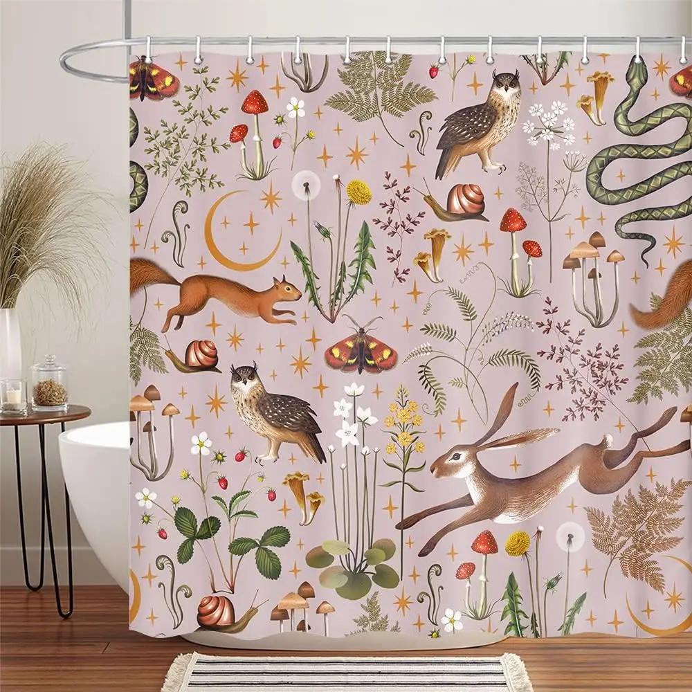 Fairy Village Forest Shower Curtain, Home Bathroom Decoration Woodland Wildlife Pattern Shower Curtain With Hook