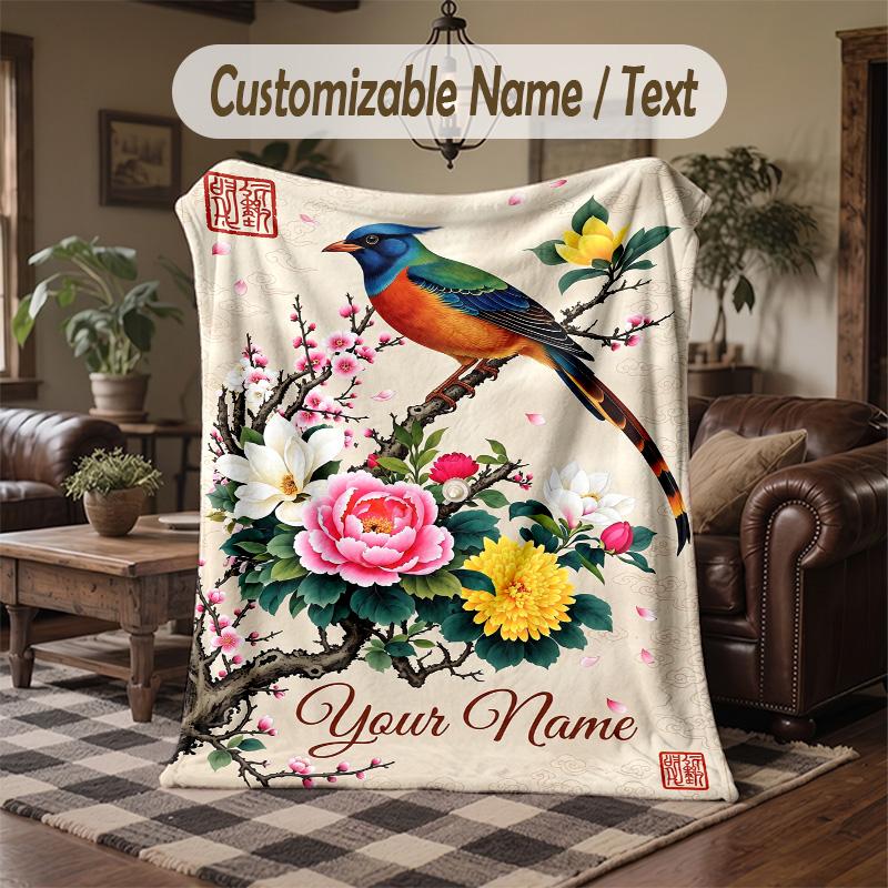 Beetle Floral Garden Theme Throw Blanket Custom Name Text Personalized Blanket Soft Cozy Blanket for Home Sofa Bed