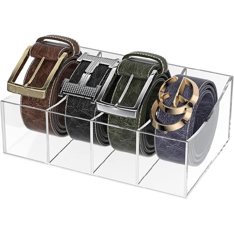 Belt Organizer, Acrylic Belt Storage Holder for The Closet and Drawer, 6 Compartments Belt Container Clear Display Case for Tie and Bow Tie 4 Compartments
