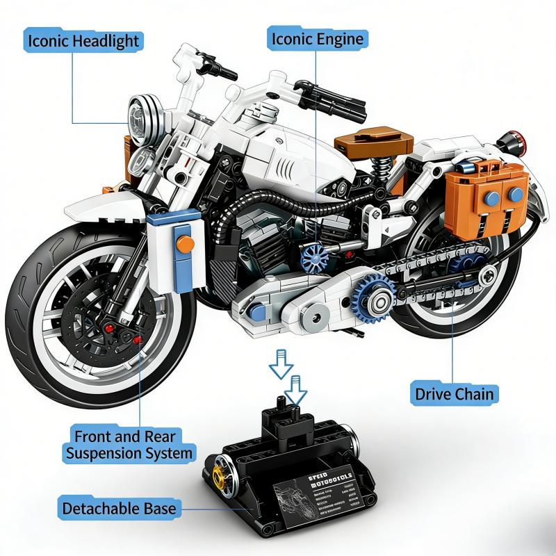 Vintage Cruiser Motorrad Baustein Set, Mechanisches Motorrad Modellbausatz mit Kettenantrieb und Federungssystem, Sammlerstück