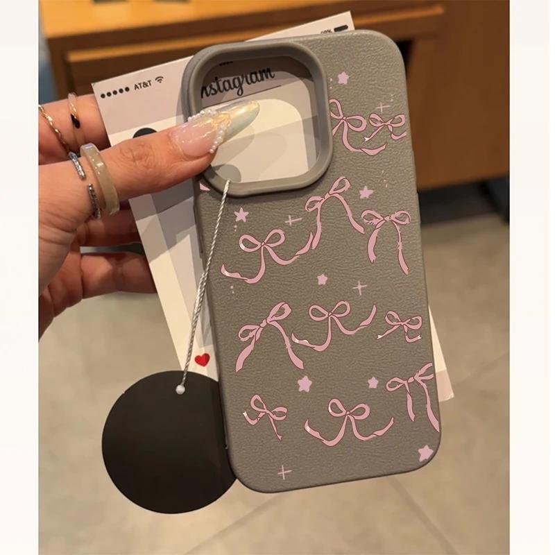 Cute Pink Star Bow Lichee leather pattern Phone Case For Samsung S25 S24 S23 S22 S21 S20 S10 Plus FE Ultra 4G 5G Shockproof