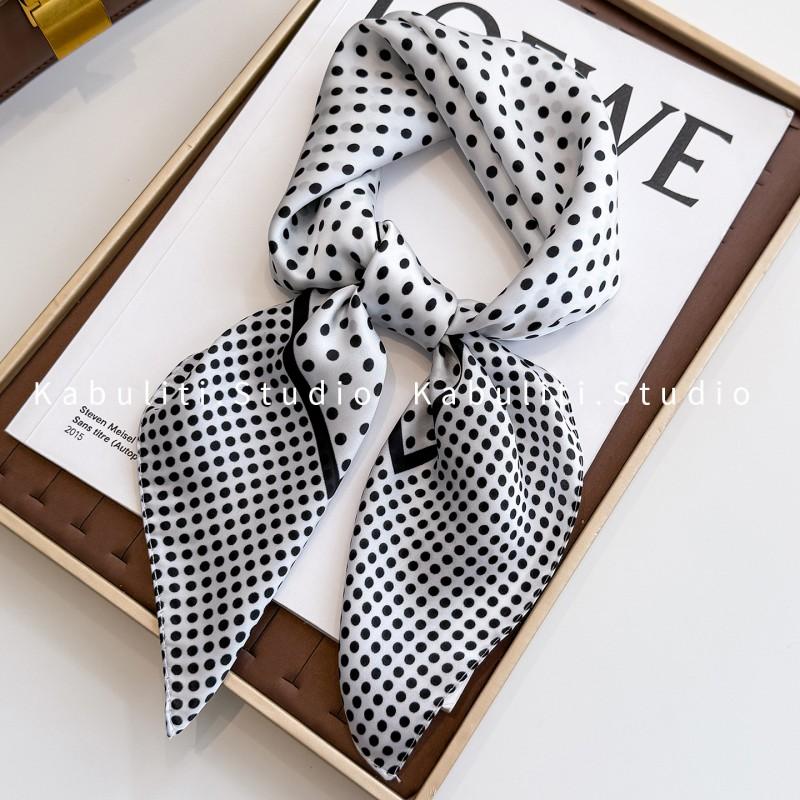 70x70cm Lightweight Square Scarf Women Polka Dot Print Silk-Like Wrap Neck Tie Hair Band Fashion Accessory