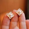Natural freshwater pearl camellia earrings women's summer light luxury high-end s911 silver needle French niche flower stud earrings