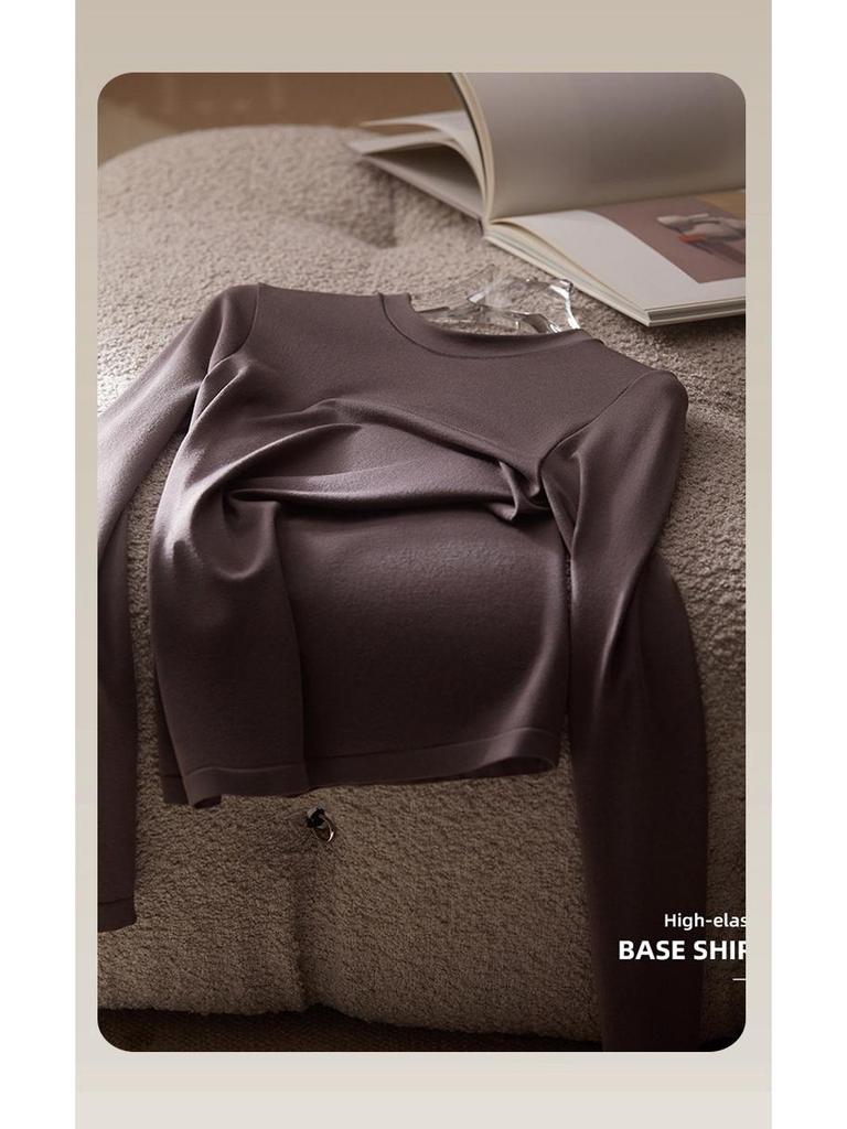 Tangge Women's Long-Sleeve Seamless Mulberry Silk Top - Soft, Elastic, Light, and Warm Round Neck Shirt