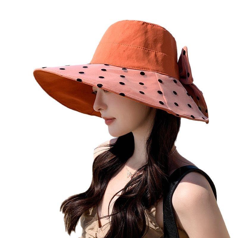 Women's Spring and Summer Elegant and Versatile Large Brimmed Sun Hat Korean Version Polka Dot Bow Fisherman Hat Foldable Outing Basin Hat