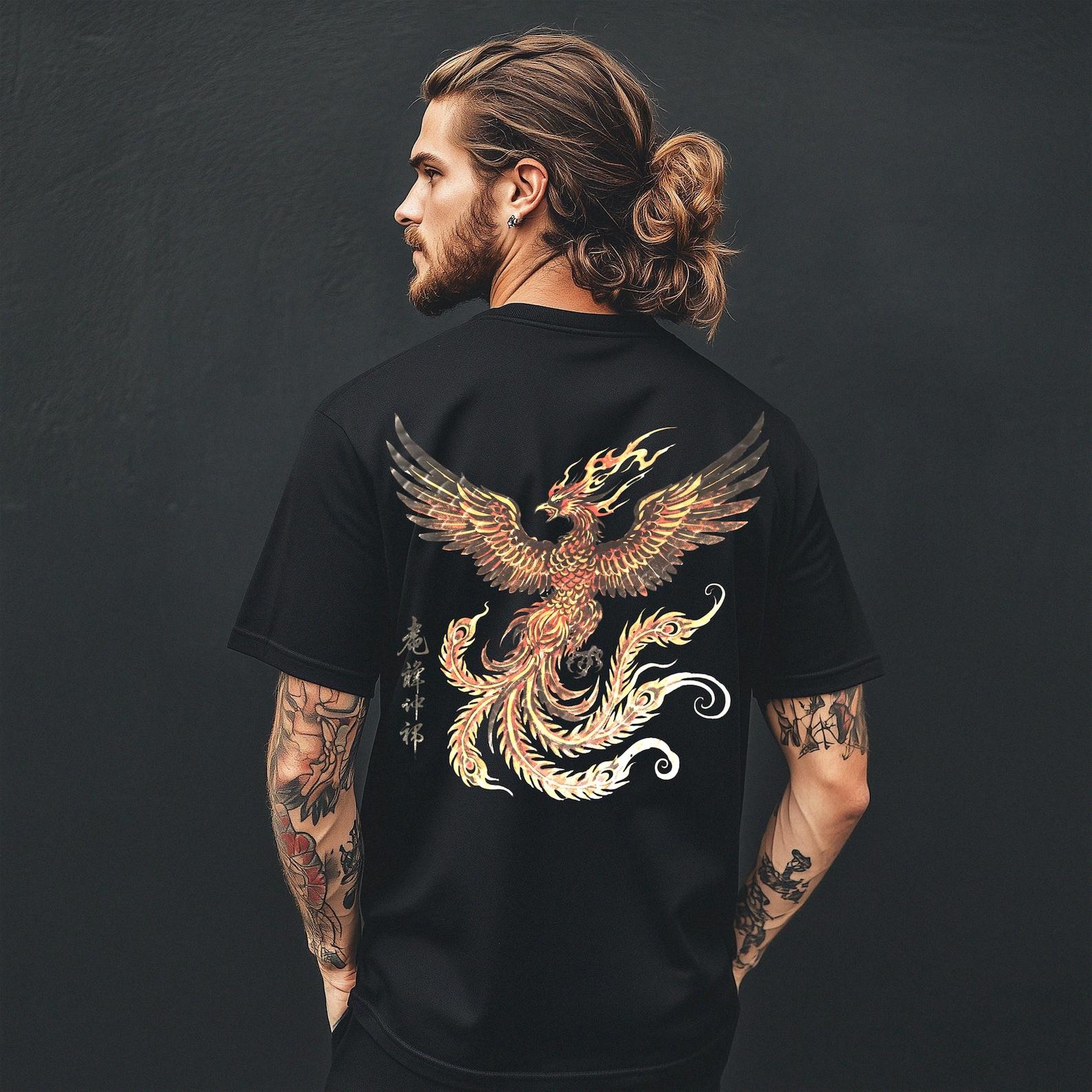 Rise Phoenix Japanese Fire Bird T-Shirt | Asian Mythology Backprint 4XL
