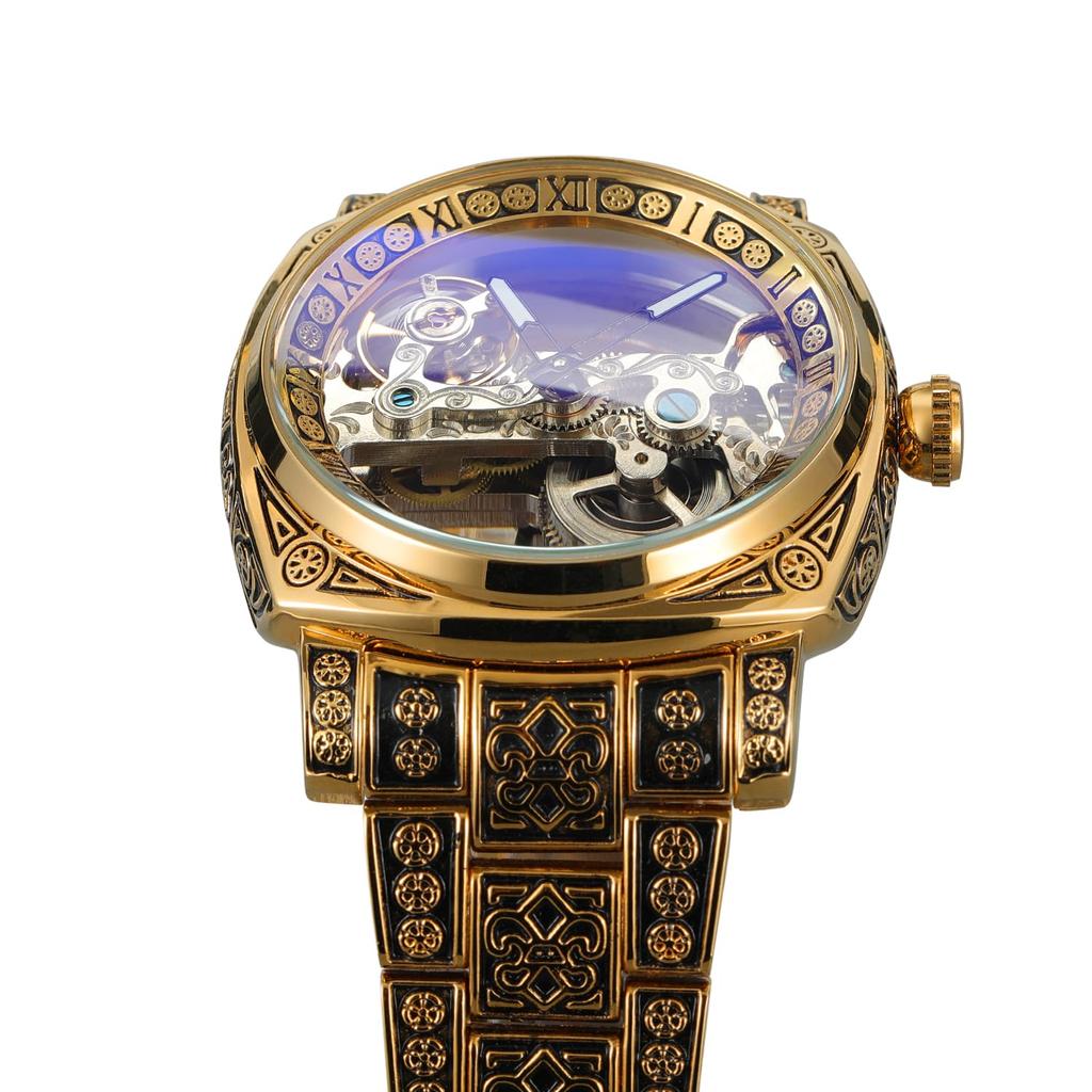 Montre Mécanique Squelette Automatique BOLYTE Carrée Vintage Pont Exposé Lumineuse Bracelet Acier Inoxydable Déployant Rétro Homme - Boîtier, Gravure,