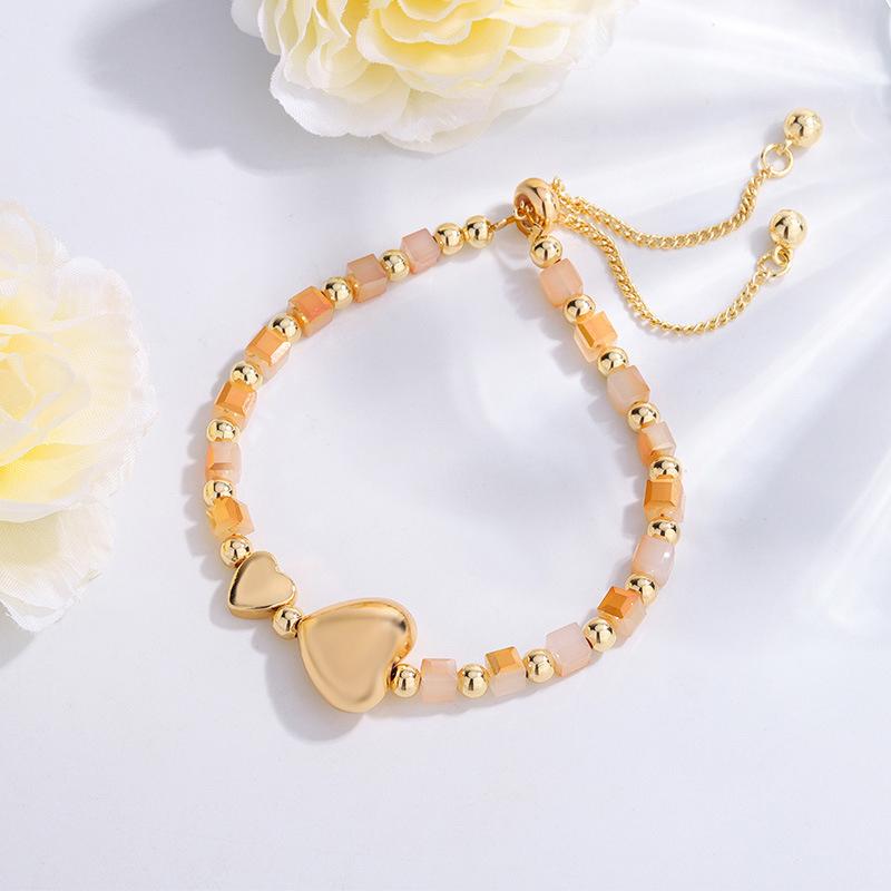 Copper Gold Plated Heart & Artificial Crystal Bead Elastic Bracelet for Women