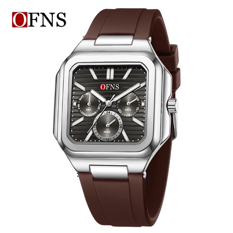 OFNS Six-Hand Men's Square Quartz Watch: Luminous, Day-Date, 30M Waterproof, Silicone Steel Band, Hot Seller