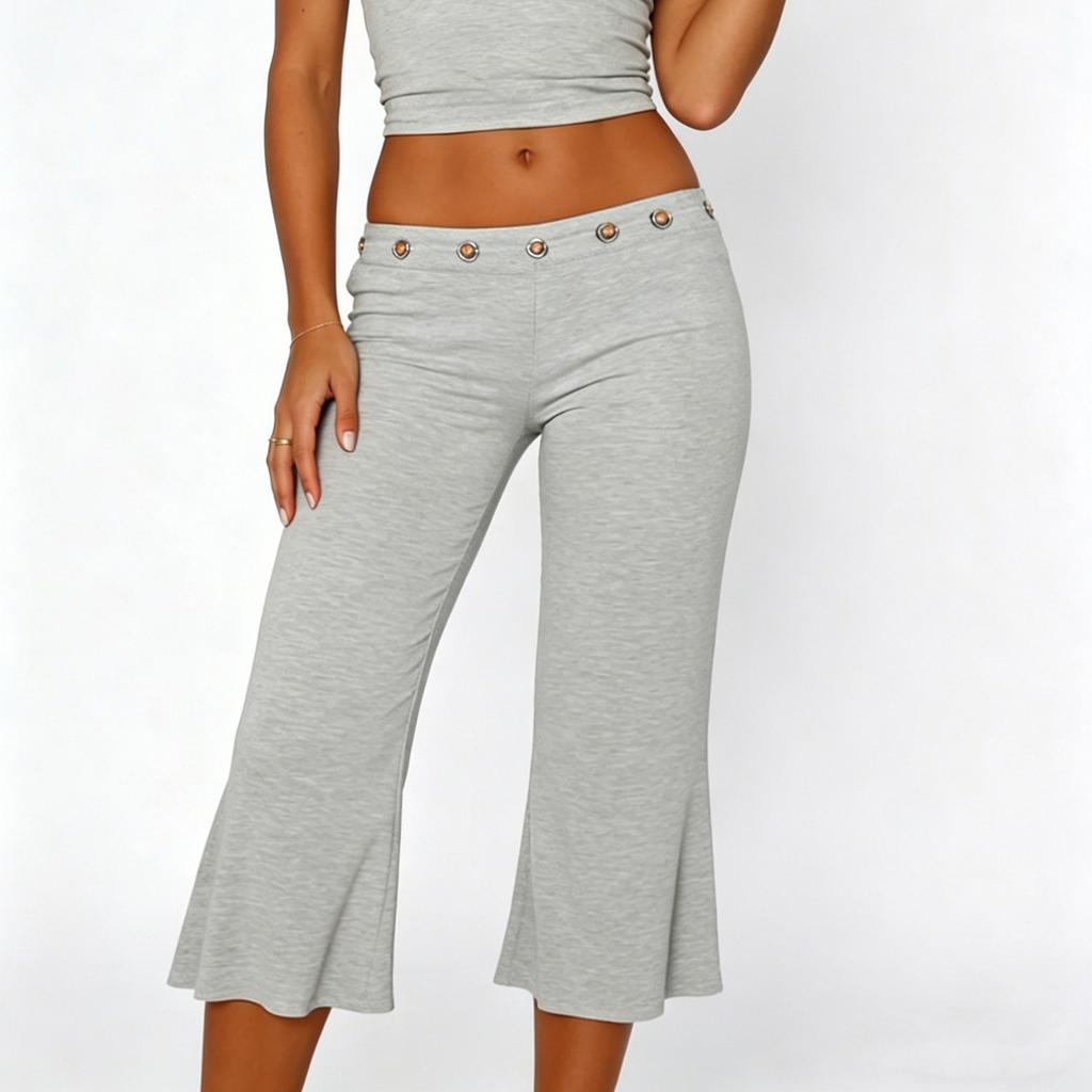 Women Slim Fit Flared Capri Pants Seven Quarter Length Casual Streetwear Sport Trousers with Waist Eyelet Detail
