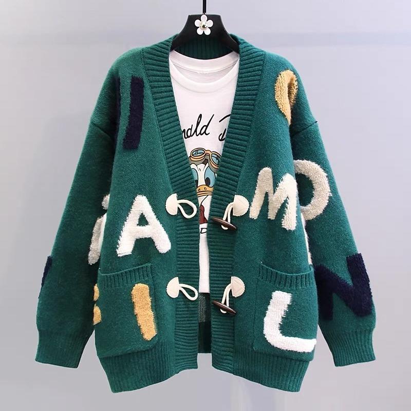 Autumn and Winter Loose Lazy Style Foreign Style Knitted Cardigan Contrasting Color Casual Towel Embroidered Letter Horn Button Sweater Jacket Women