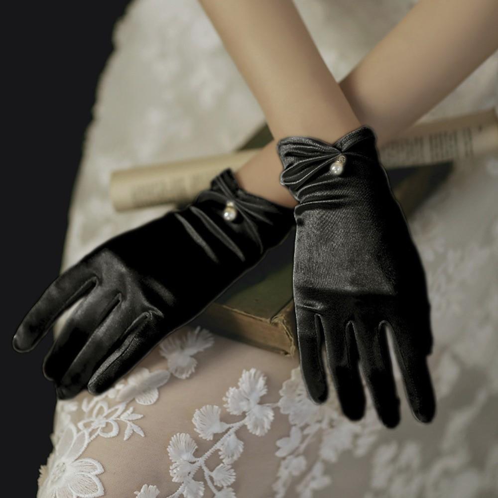 Pearl Decorative White Satin Bridal Gloves Wrist Length Women Silk Gloves Ladies
