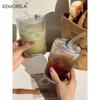 1/2PCS 450ml Stripe Pattern Transparent Glass Cup with Lid And Straw for Ice Coffee Tea Juice Milk Water Drinking