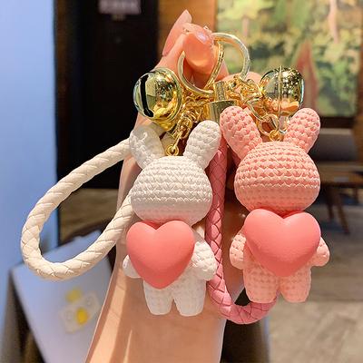 Creative Peach Heart Woven Rabbit Keychain Female Cute Couple Rabbit Schoolbag Pendant Car Key Chain Pendant
