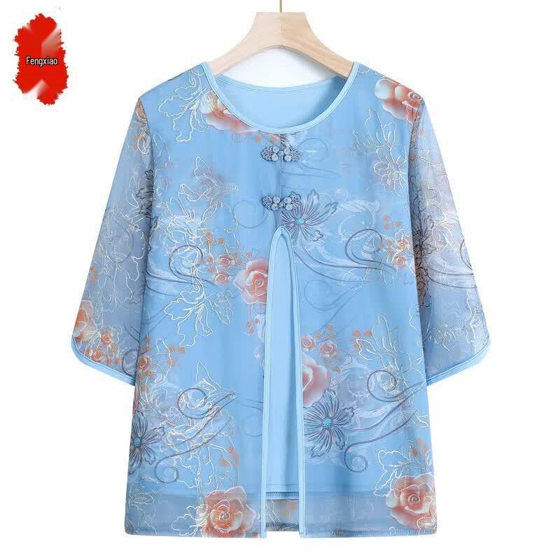 Elderly Women s Floral Faux Two-Piece Top