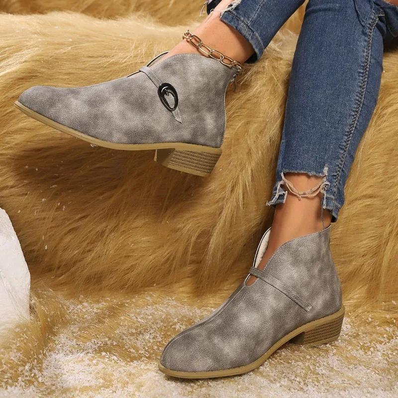 Fashion Mid Heels Women Snow Ankle Boots Short Plush Warm Shoes 2025 Winter Brand Casual Chelsea Boots Leather Goth Pumps Botas Mujer