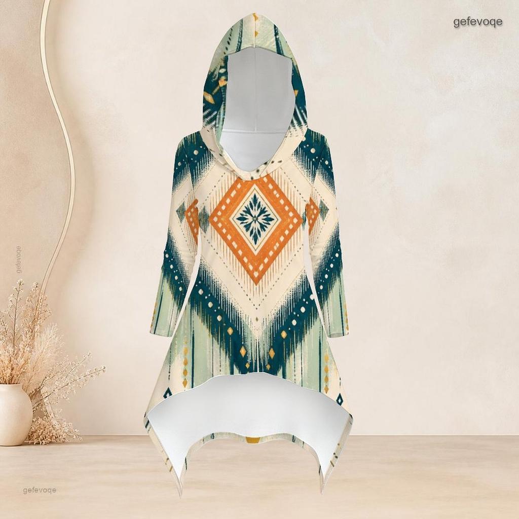 Women Plus Size Hooded Two Piece Set Long Sleeve High Low Printed Top And Fitted Pants