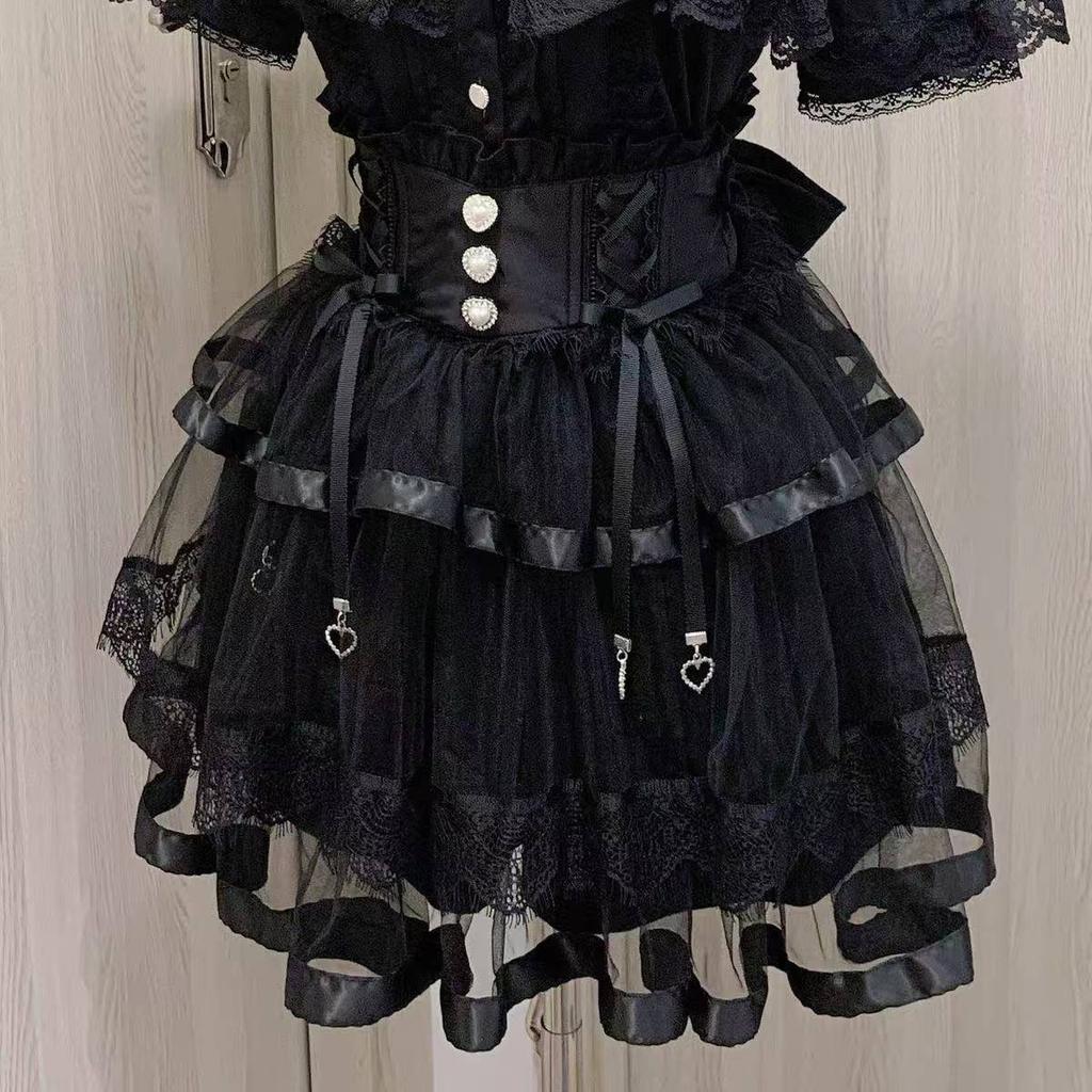 Japanese Sweet Lolita Style Mini Skirt Women Elegant Lace Bandage Party Cake Skirts Female Gothic Y2k Metal Buckle Skirt