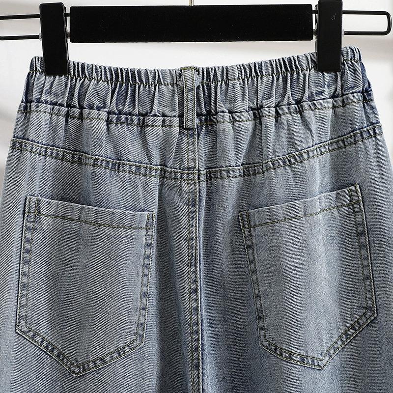 Summer Plus Size New Women Loose Vintage Straight High Waisted Roll Edge Elastic Long Jeans Lady Casual Versatile Wide Leg Pants