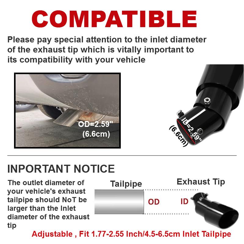 1PCS 1.77-2.55 Inch(4.5cm-6.5cm) Adjustable Inlet Exhaust Tips Bolt-On Design Matte Black Stainless Steel Exhaust Tailpipe Tips