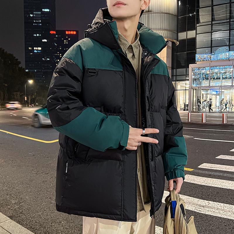 New Men's Down Jacket Short Hooded Splicing Trendy Loose Couple Thick Winter