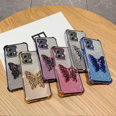 Luxury Plating Shockproof Butterfly Holder Phone Case For Motorola Moto G84 G54 G82 5G G52 G71S G10 G20 G30 Glitter Soft Cover