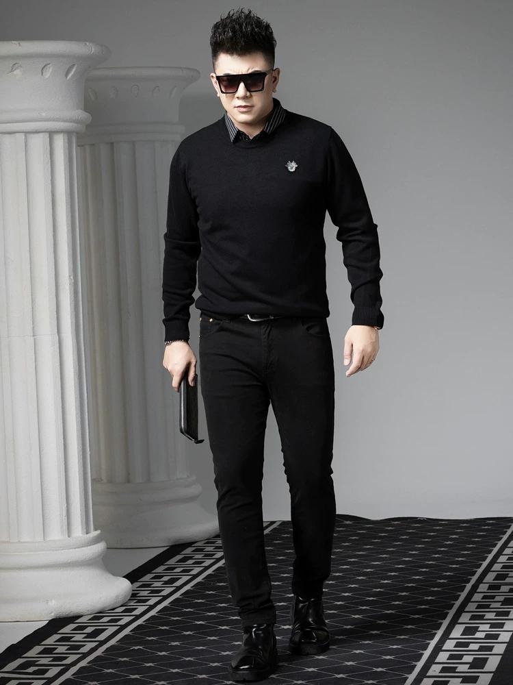 European Station 2025 Autumn/Winter New Round Neck Knitted Sweater Men's Long Sleeve Base Layer Faux Two-Piece Warm Sweater for Men