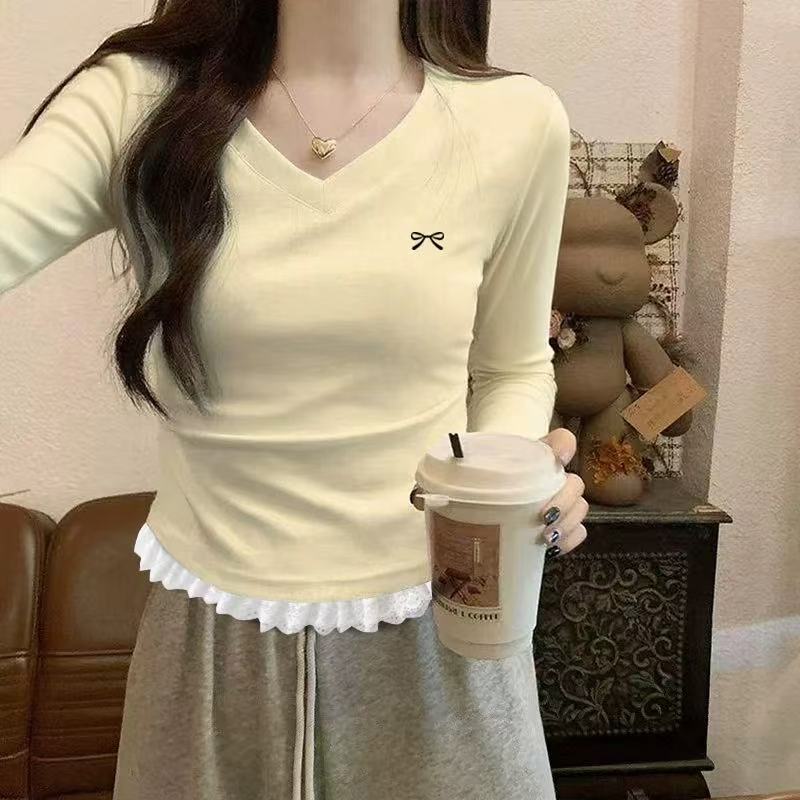Süßes Würziges Milchblaues Langarm-T-Shirt für Damen Frühling Herbst Neu Taillenbetont Schickes Oberteil