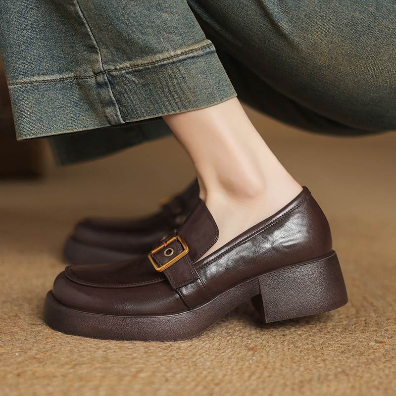 Krazing Pot Cow Skin Autumn Winter Shoes Chunky Heels Size 43 Size 42 Round Toe Slip on Metal Buckle Deep Mouth Pumps